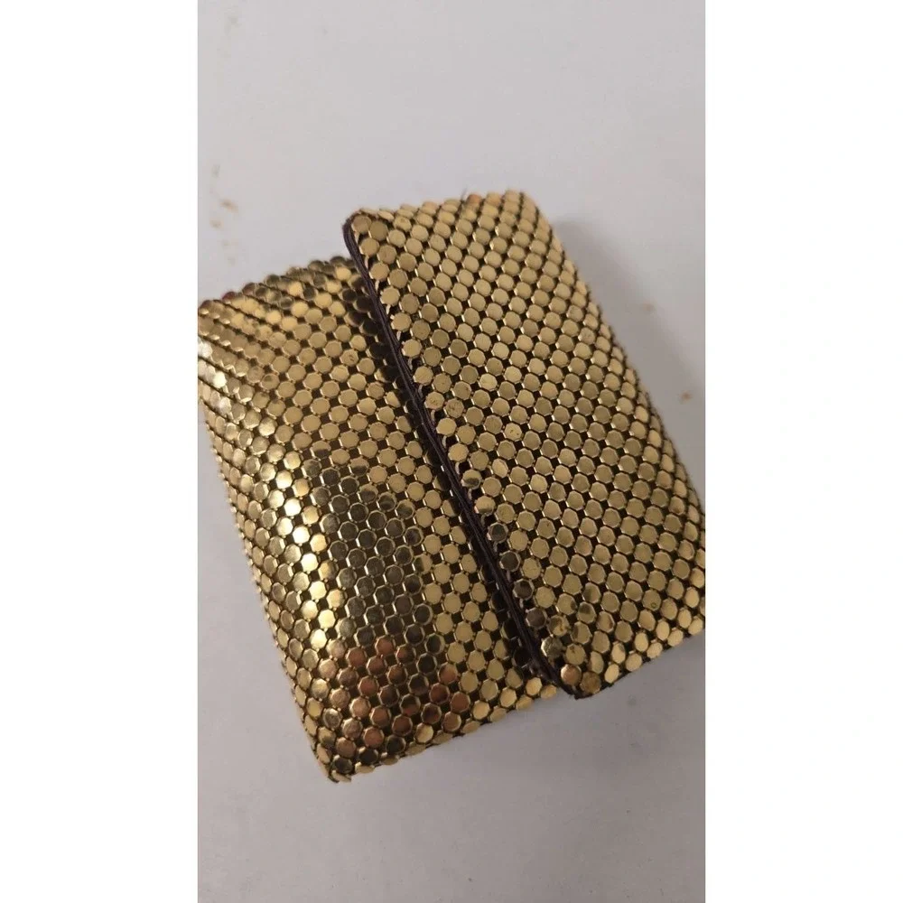 Vintage Gold Tone Metal Mesh Snap Closure Coin Purse Wallet Brown Interior